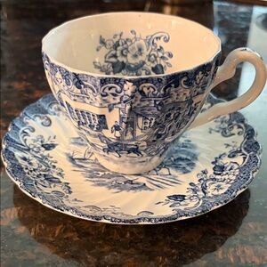 Johnson Brothers Blue and White Teacup and Saucer Set